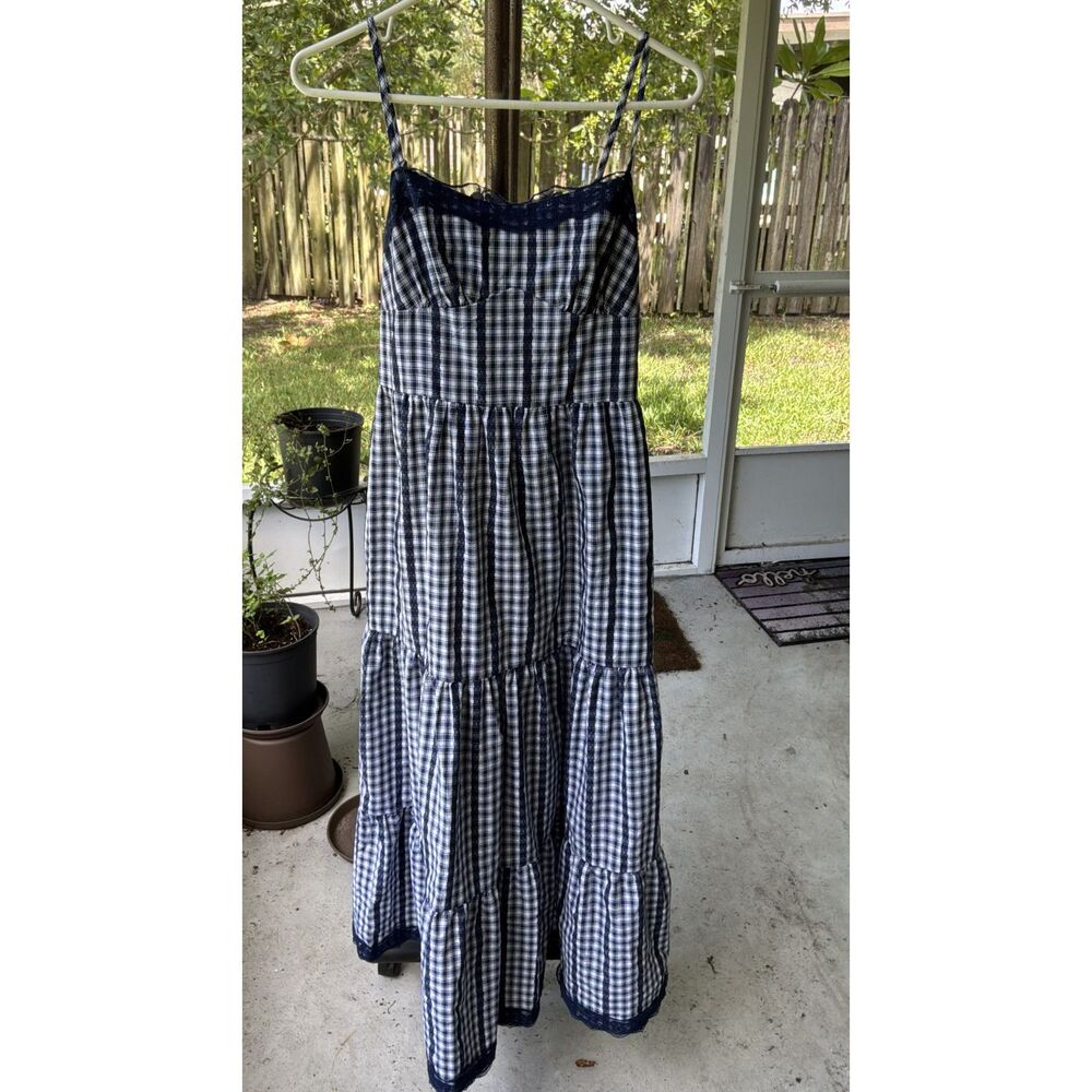 Sz Small Cider Navy Gingham Lace Trim Maxi Tiered Skirt Strappy Garden Party